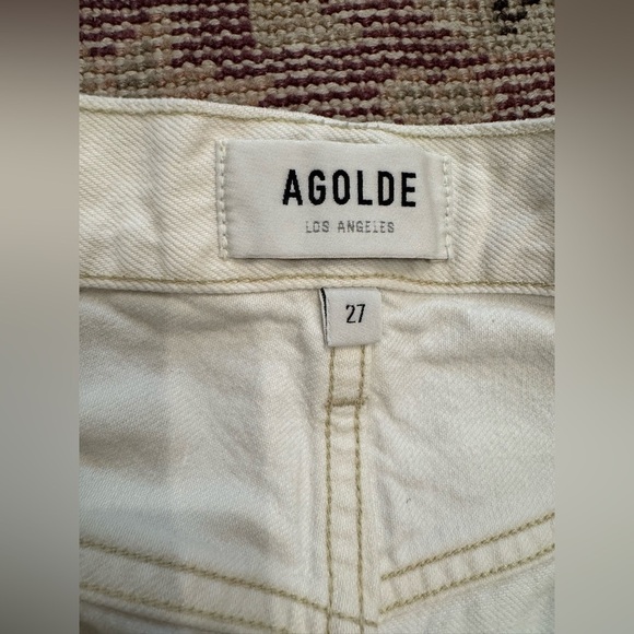 L1. Agolde White Denim Jean Shorts Parker Long Frayed Hem High Waist - Picture 3 of 8